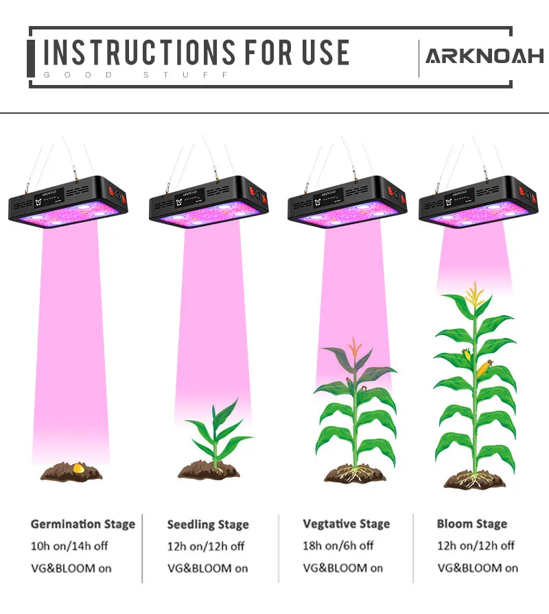 ARKNOAH 1200W Timing LED Grow Light Full Spectrum Double Chip Red/Blue/UV/IR Grow Lamps For Indoor Plants VEG BLOOM