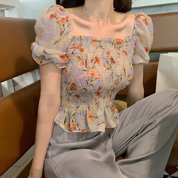 Sexy Cute Off Shoulder Slim Fashion Folds Shirts Short Sleeve Blouse 2020 Summer Women Short Crop Tops Blouses Korean Clothes 1