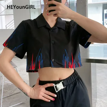 

HEYounGIRL Flame Fire Printed Harajuku Crop Tee Shirt Women Short Sleeve Black Casual T-shirt Ladies Streetwear Summer T Shirts