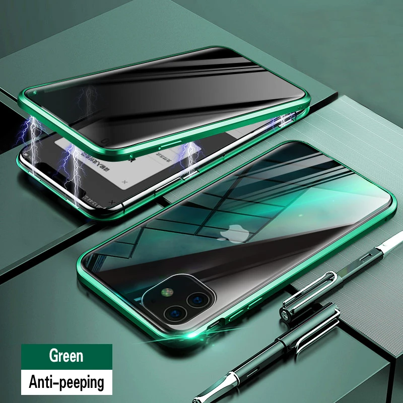 Магнитный чехол из закаленного стекла для iphone 11 Pro MAX X XS XR 8 7 6 6s plus, Защитный металлический чехол с защитой на 360 ° - Цвет: Green