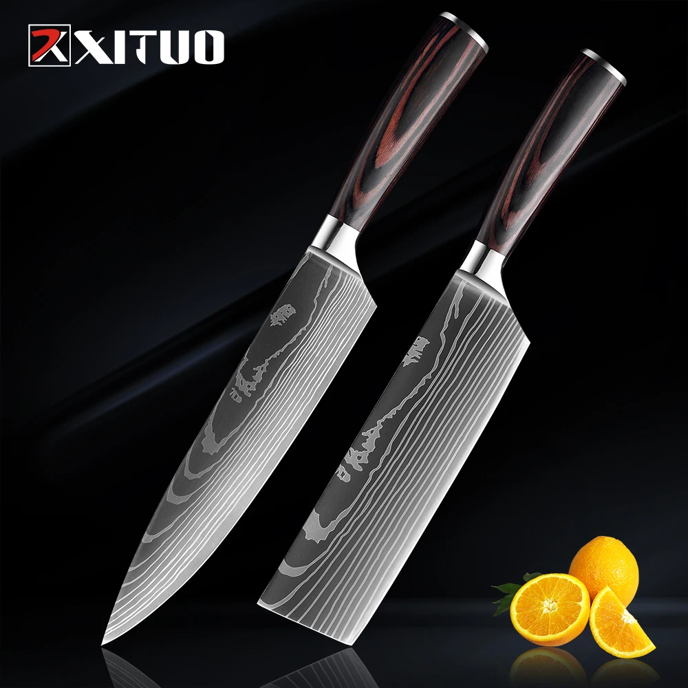 XITUO 7 + 8 дюймов нож шеф повара 7CR17 из высокоуглеродистой нержавеющей стали узор
