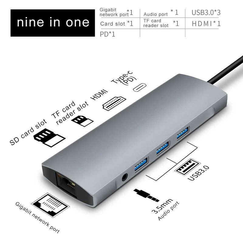 9 in 1 Тип-c к HDMI концентратор RJ45 USB3.0 TF SD аудио PD многофункциональный адаптер для MacBook Pro FKU66 - Цвет: 9 in 1
