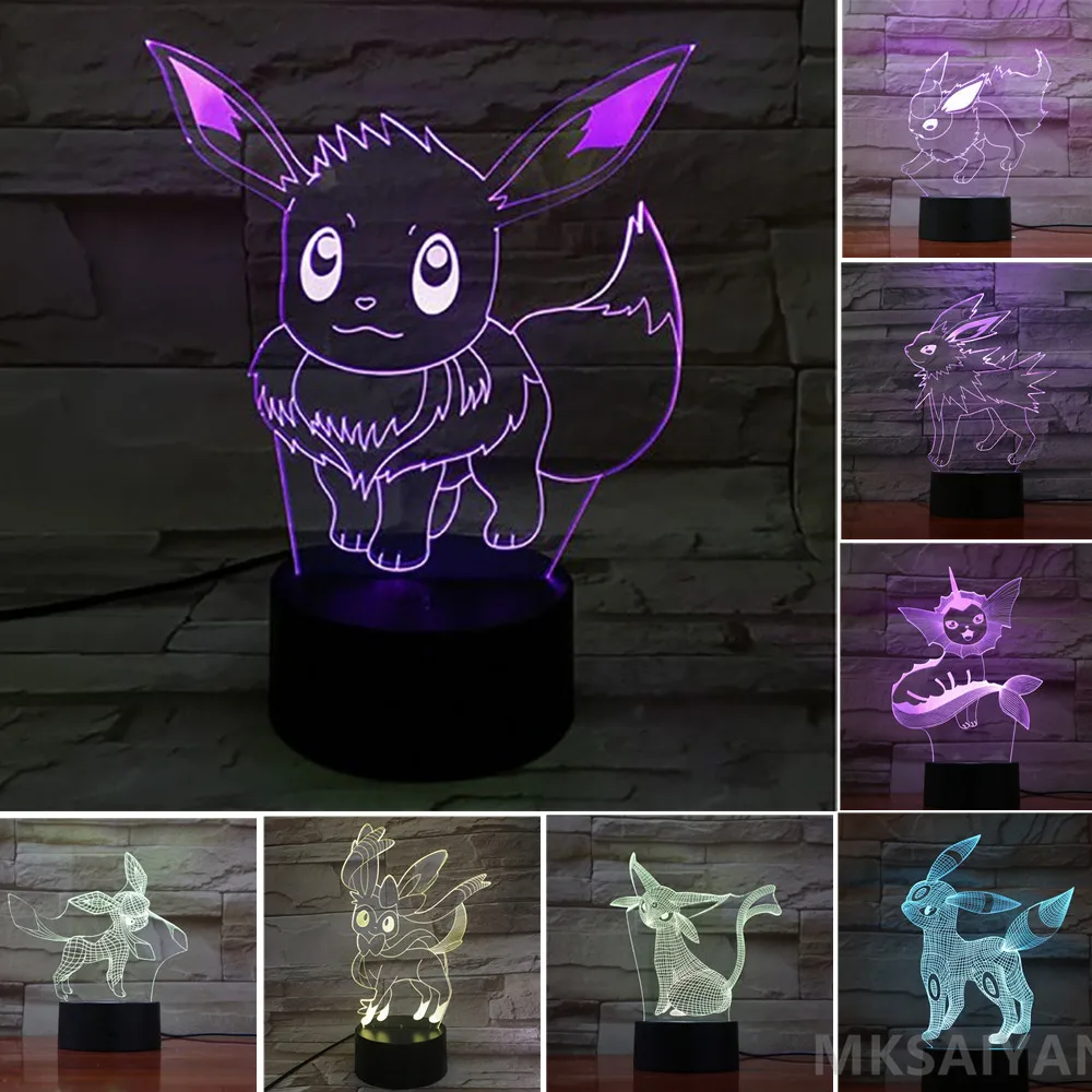Anime Figures Pokemon 3D Eevee Night Lights Led Model Toys Color Changing Vaporeon Sylveon Flareon Action Figma Pocket Monster