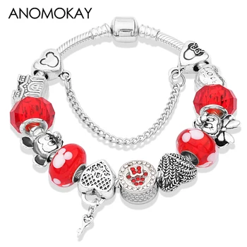 

New Design Red Crystal Mickey Charm Bracelet Antique Silver Heart Key Handmade Diy Bead Bracelet & Bangle Casual Jewelry