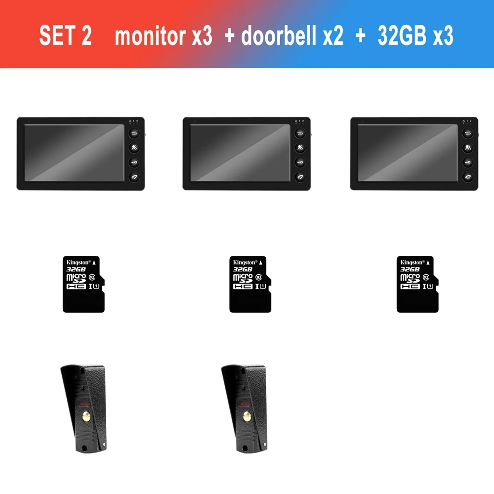 SET 2 7 дюймов проводной видео-телефон двери 3 для контроля уровня сахара в крови с 2 дверной Звонок камера домашнего видео-дверной звонок Поддержка запись детектора движения дверное переговорное устройство - Цвет: SET 2
