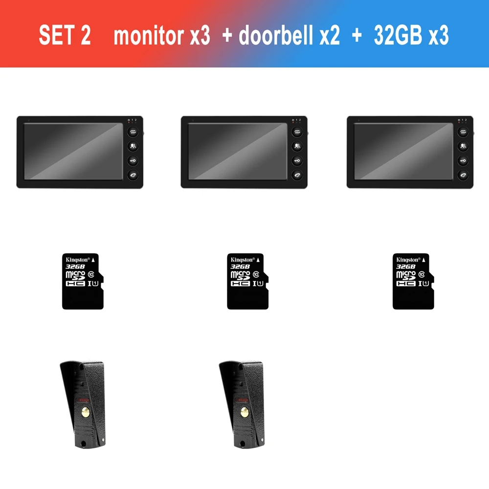 7 дюймов проводной видео-телефон двери 3 для контроля уровня сахара в крови с 2 дверной Звонок камера домашнего видео-дверной звонок Поддержка запись детектора движения дверное переговорное устройство - Цвет: SET 2