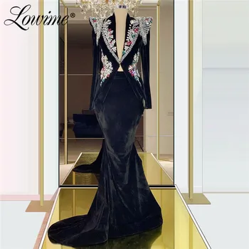 

Black Velvet Evening Dress V Neck Beaded Crystals Long Sleeves Mermaid Turkish Dubai Dress For Party 2020 Custom Formal Dress
