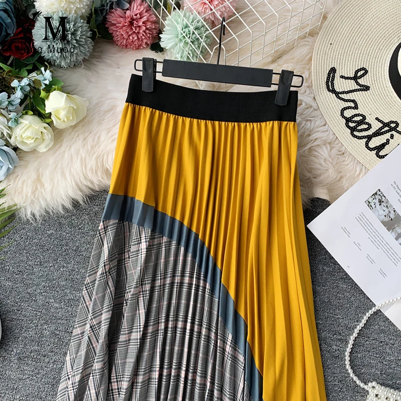 YuooMuoo контрастный цвет желтый клетчатый принт Осенняя Женская юбка НОВАЯ шикарная элегантная юбка миди Корейская Высокая талия плиссированная юбка
