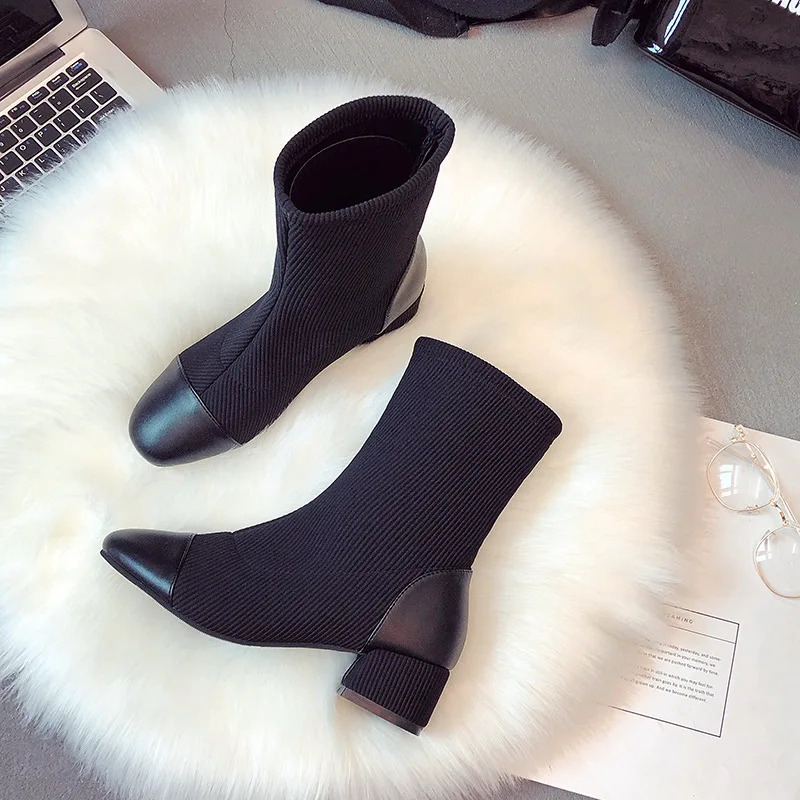 black with plush Лоскутные носки bottes femme; вязаные Ботинки martin; botines; плюшевые зимние женские ботинки; Ботинки Челси до середины голени; Новинка; эластичная обувь - Цвет: black with plush