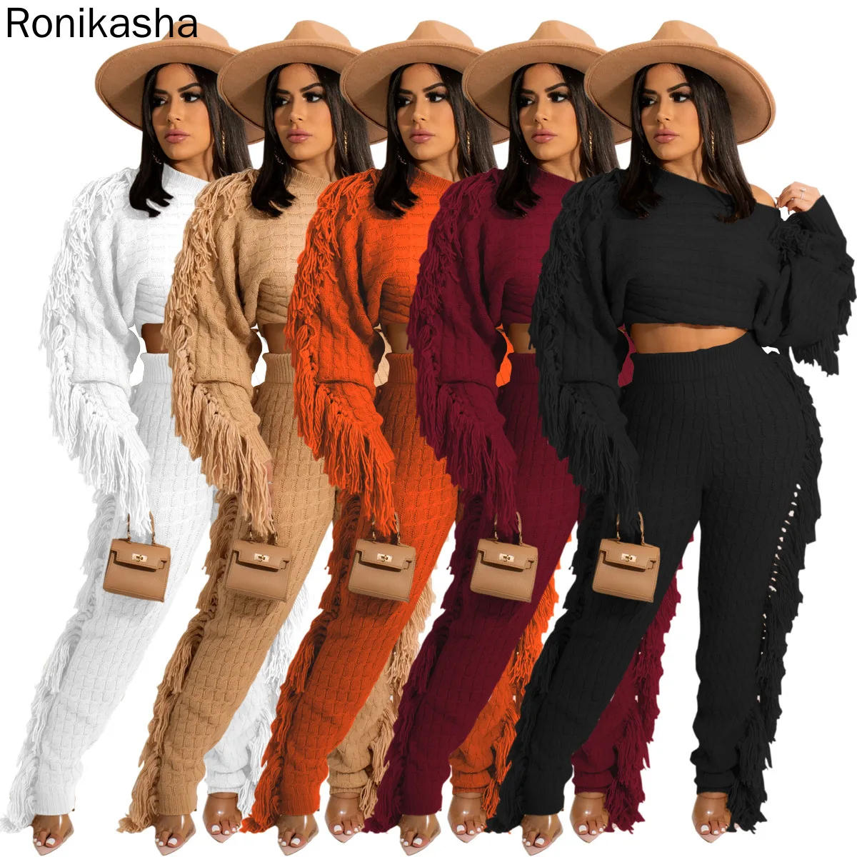 

Женский укороченный топ и брюки с длинным рукавом, спортивный костюм, монохромный свитер, спортивный костюм, новая мода, осень, зима