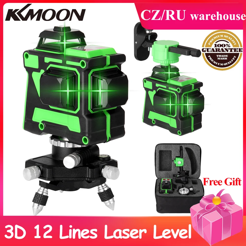 Niveau Laser 3D 12 lignes à nivellement automatique, télécommande sans fil 360 lignes transversales horizontales et verticales avec support mural de batterie