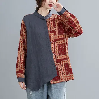 

Oversized Women Vintage Casual Shirts New 2020 Autumn Arts Style Patchwork Color Female Cotton Linen Long Sleeve Tops S2489