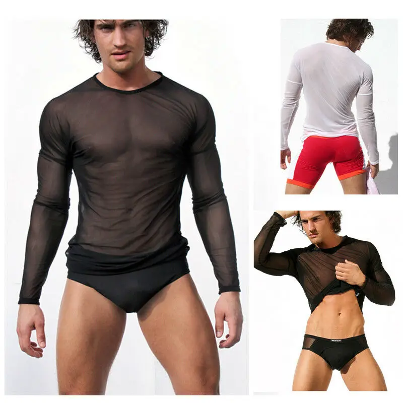 Hirigin-Maillot de corps transparent à manches longues pour hommes, sous-vêtement gay, chemise en maille de nylon, t-shirts transparents, sous-vêtements sexy