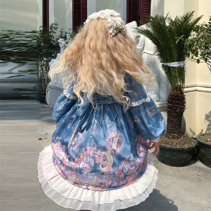 Kawaii/платье в стиле Лолиты с длинными рукавами; кружевное платье в стиле Лолиты с бантом; JSK; милое мягкое платье с длинными рукавами для девочек; милые платья с героями мультфильмов