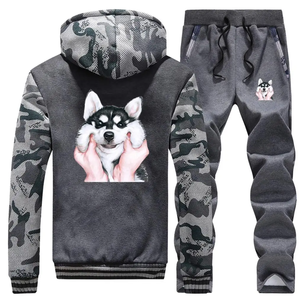 Animal Dog Gesture Boy Warm Suit Men's Thick Hoodies Lovely Siberian Husky Print Sweatshirt Men Winter Jacket+Pants 2 Piece Sets Animal Dog Gesture Boy Warm Suit Men's Thick Hoodies Lovely Siberian Husky Print Sweatshirt Men Winter Jacket+Pants 2 Piece Sets