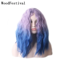 WoodFestival Short Synthetic Hair Wigs For Women Curly Cosplay Wig Ombre Bob Pink Blue High Temperature Fiber