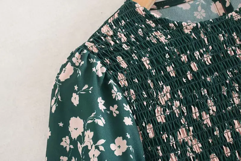 New Women O neck flower print pleated elastic casual midi Dress ladies three quarter sleeve spring vestidos chic Dresses DS3057
