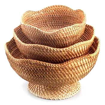 

Handmade Rattan Woven High-Foot Storage Basket Living Room Household Storage Basket Candy Snack Fruit Tray, 3PCS