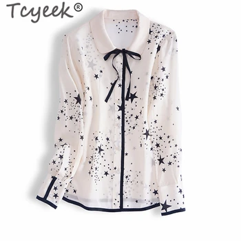 

Tcyeek Summer Spring 100% Real Silk Blouse Women Harajuku Blusas 2020 Vintage Elegant Print Shirt and Tops Women's Clothing 3424
