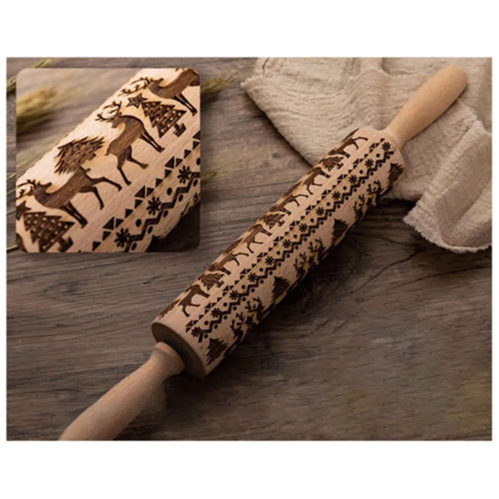 Christmas Wooden Rolling Pins Embossing Rolling Pin Cake Cookie Pastry Fondant Roller Dough Elk Snowflake Engraved
