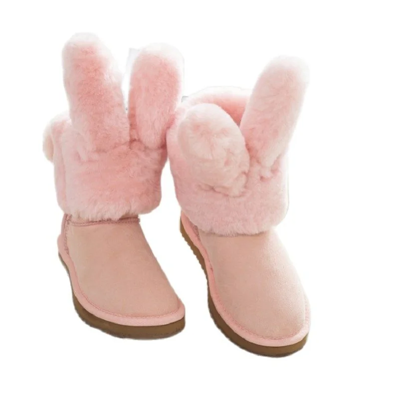 

5854 Direct Rabbit Ear Sheepskin Wool Integrated Short Tube Thickened Leather Snow Boots Women's Winter Shoes