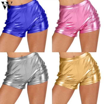 

Womail womens shorts Sexy Shiny PU Leather Short High Waist Silver Pink Metallic Rave Booty Short Dance fitness Short club party