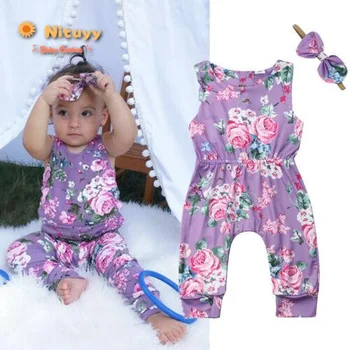 

2020 Toddler Baby Girl Rompers 2PCS with Headwear Floral Print Sleeveless