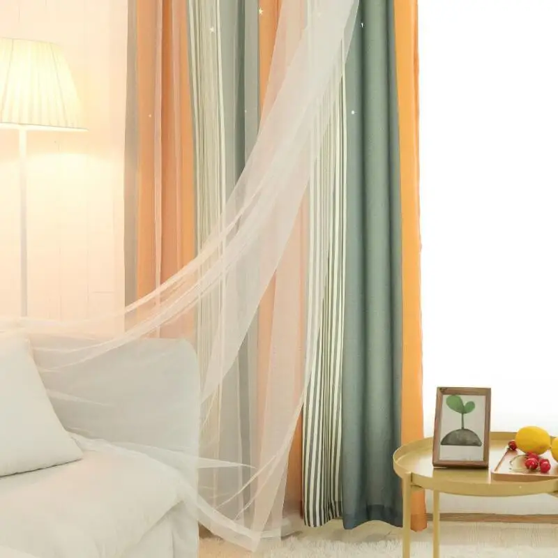 Затемненные оранжевые и серые шторы Градиент двойной слой звезды для гостиной прозрачная ткань детская комната пользовательские драпировка X616#30 - Цвет: Tulle and Cloth 01