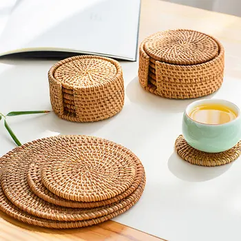 

6Pcs Natural Round Wooden Slip Slice Cup Mat Coaster Tea Rattan Pad Round Dining Table Mat Kitchen Accessories