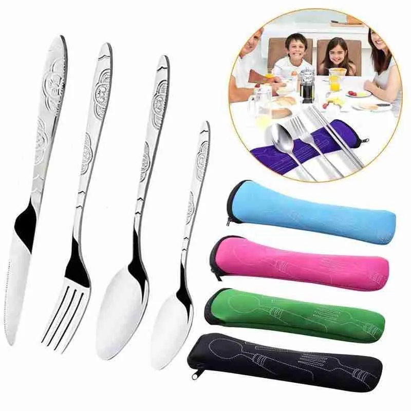 4pcs Steel Knifes Fork Spoon Family Travel Camping Cutlery Eyefuldiving Bag Picnic Steak Steel Cutlery Set