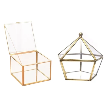 

Glass Ring Box Wedding Jewelry Case Immortal Flower Glass Cover & Square Opening Glass Geometry Garden Jewelry Boxs Mirror Jewel