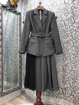 

Top Quality New Blazer Sets 2020 Autumn Winter Belt Patchwork Long Sleeve Grey Blazer Suits+Color Block Patchwork Pleated Skirt
