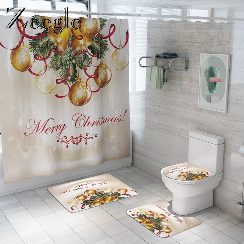 Zeegle Merry Christmas Bath Mat Set for Bathroom Decor Shower Curtain with Hooks Polyester Shower Mat Non-slip Toilet Foot Mat