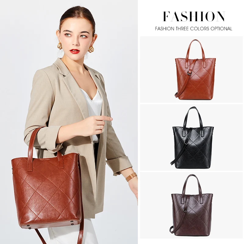 

High Quality Leather Women Handbags occident retro oil wax leather rhombus plaid middle-aged mother bag diagonal package bag New