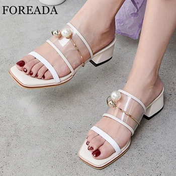 

FOREADA Transparent Slippers Real Leather Med Heels Block Heel Sandals Square Toe Slides Metal Decoration Female Shoes Beige 43