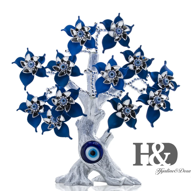 H& D Fengshui голубое сглаза дерево для защиты денег богатство достижения удачу Рождественский подарок домашний Декор Орнамент демонстрационная смола - Цвет: Blue Flower Tree