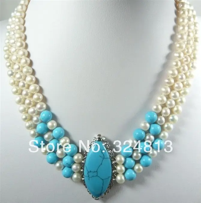 DYY Beautiful 3 Rows green jade White Pearl Crystal Turquoise Pendant Necklace | Украшения и аксессуары