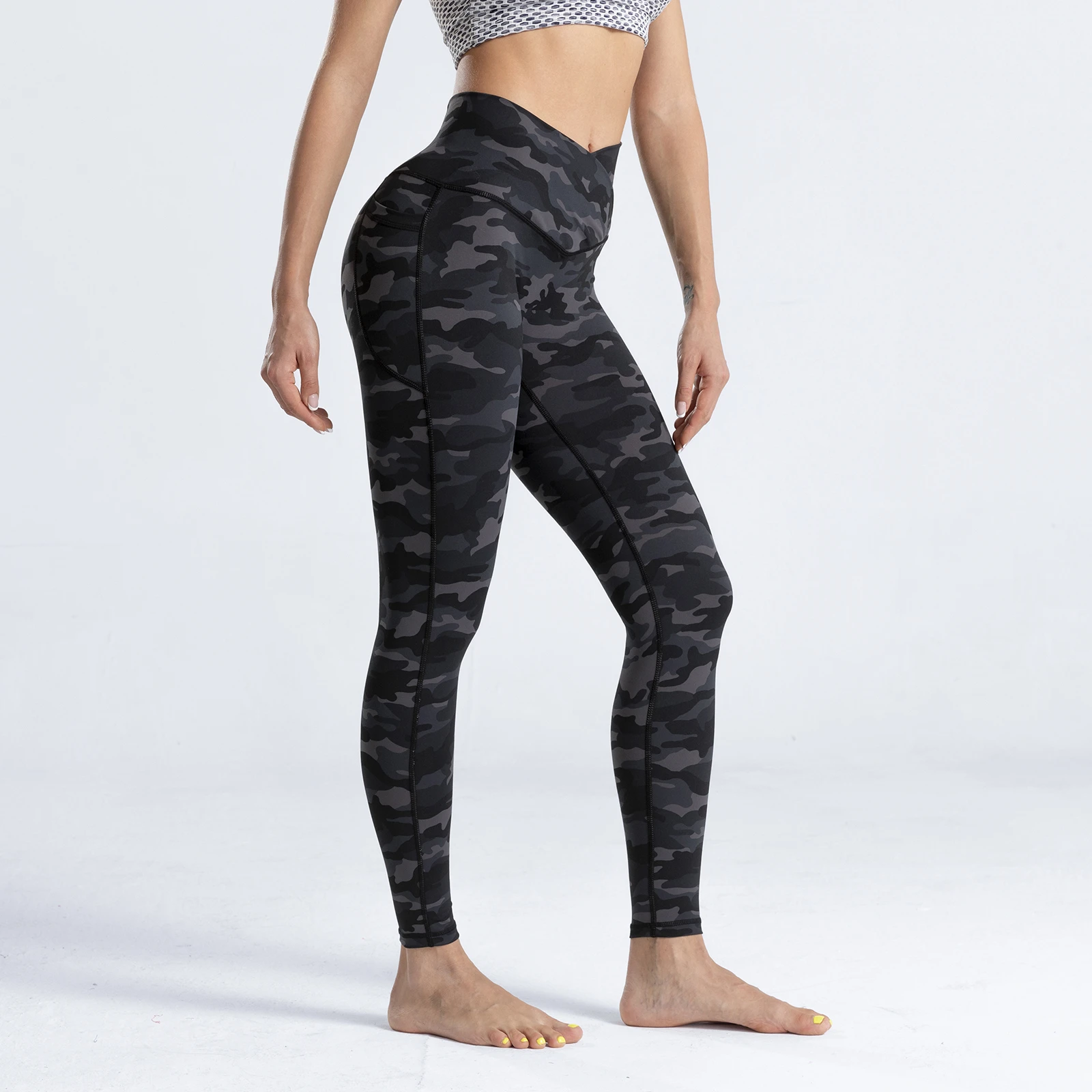 Camo Slimming Workout Leggings Womens Squat Proof Side Phone Pockets