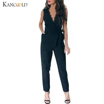 

KANCOOLD 2019 Women Solid Lace Jumpsuit Female Pocket V Neck Sleeveless Belted Fashion Long Legging Rompers Black Jumpsuits