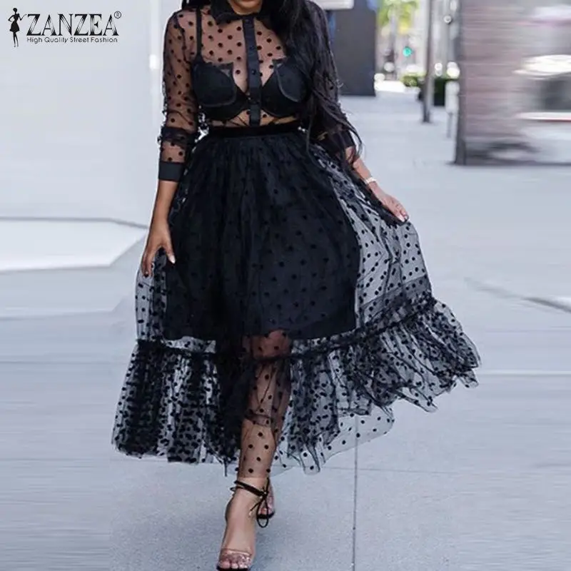 Zanzea Summer Sexy Transparent Lace Mesh Sheer Dress Women Ruffles Hem ...