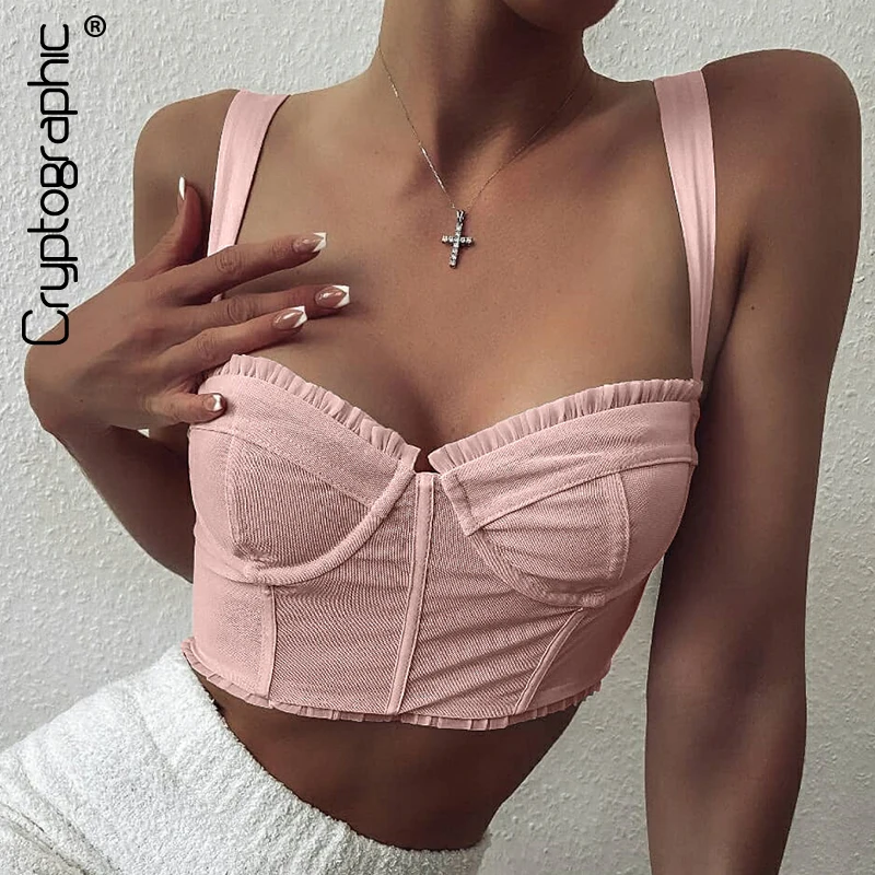 

Cryptographic Fashion 2020 Fall Sleeveless Mesh Corset Crop Tops Women Sexy Backless Bustier Ruffles Pink Camis Cropped Top Cute