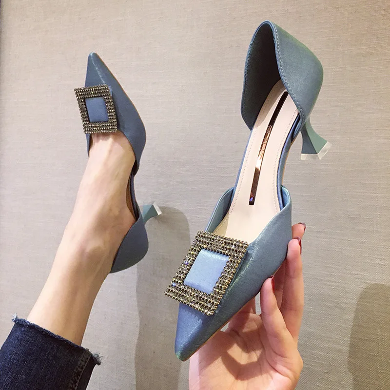 

2020 Spring And Autumn Debutante Wind Sping Sandal Women's Thin Heeled Semi-high Heeled Pointed-Toe 5 Cm Side Cutouts Korean-sty