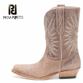 

Prova Perfetto Retro Block Heel Winter Boots Women Genuine Leather Mid-calf Chaussures Femme Comfortable Leather Feminina Botki