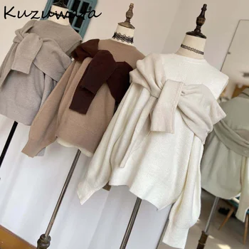 Kuzuwata Puff Sleeve Fake Two Piece Pullover Japan Style Autumn Fashion Sweet Sweaters Sexy Shoulder Strapless Knitted Tops 1