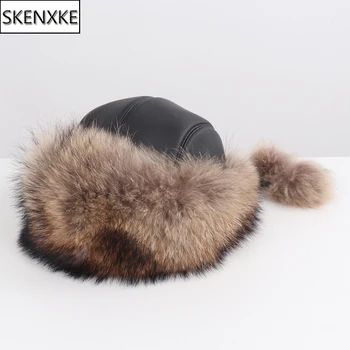 

Hot Sale Russia Winter Women Real Fur Hat 100% Natural Real Raccoon Fur Cap Lady Warm Quality Genuine Raccoon Fur Bomber Hats