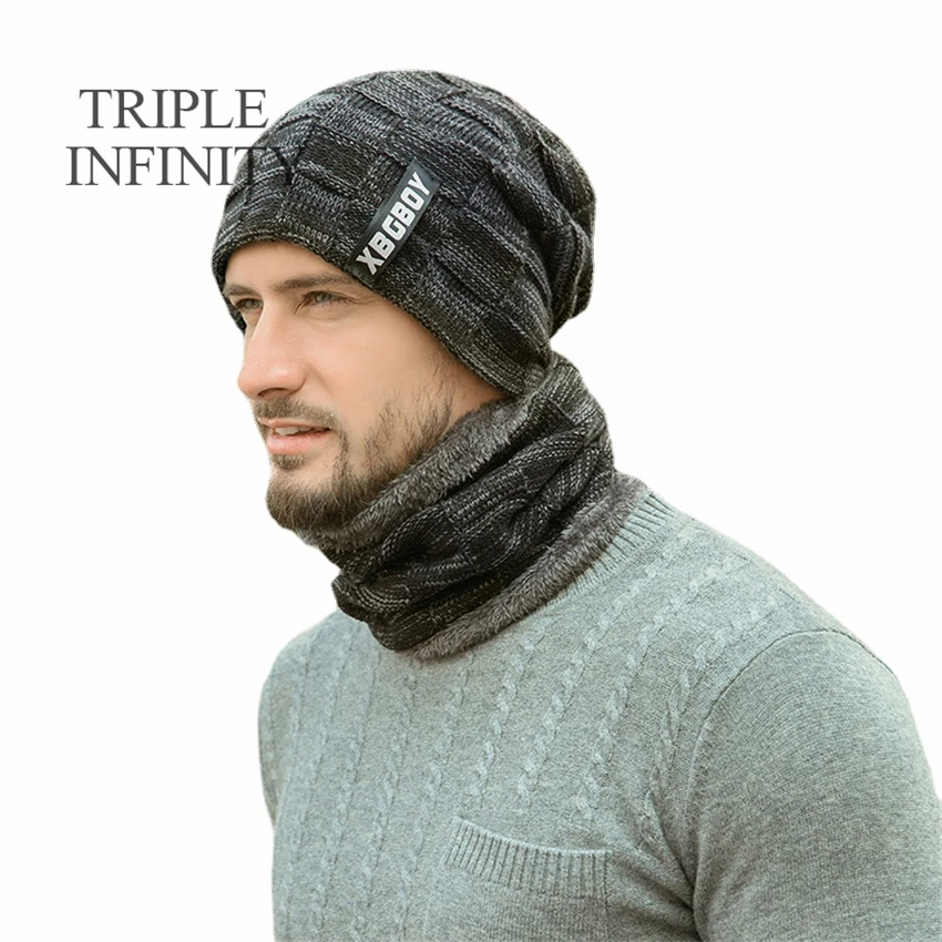 Зимняя мужская шапка и шарф TRIPLE INFINITY в комплекте однотонная теплая дышащая