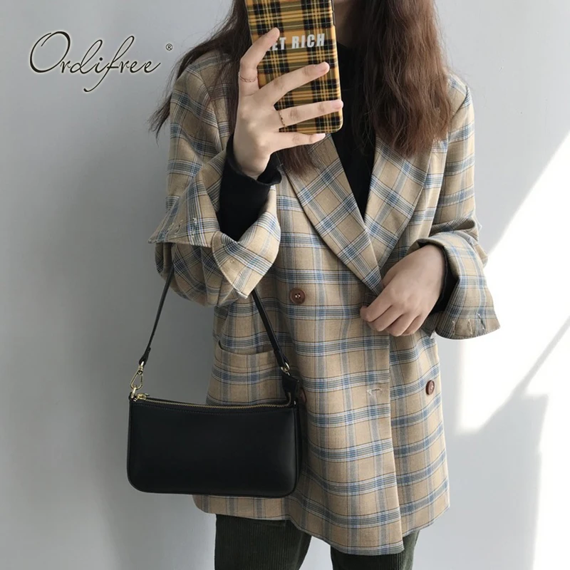 Ordifree Harajuku осенний женский клетчатый Блейзер, пиджак, пальто, верхняя одежда, винтажный Повседневный свободный блейзер
