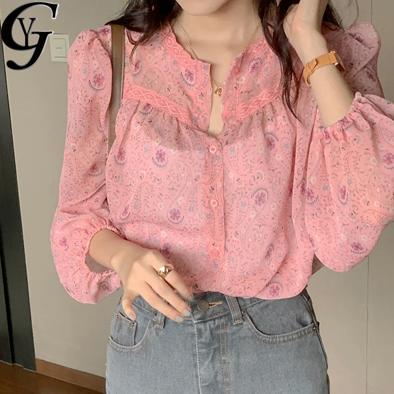 

2020 Autumn Lace Patchwork Chiffon Blouse Women Elegant Floral Shirt Casual Long Sleeve O-neck Back Elastic Ladies Tops Femme