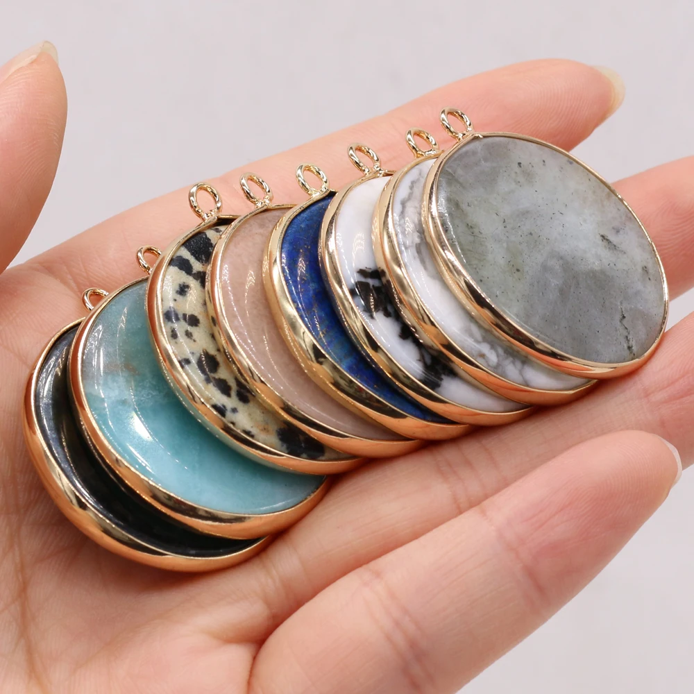 

Natural Semi-precious Stone Pendant Round Labradorite Crystal Charms for DIY Earring Necklace Making Jewelry Accessories 30x35mm