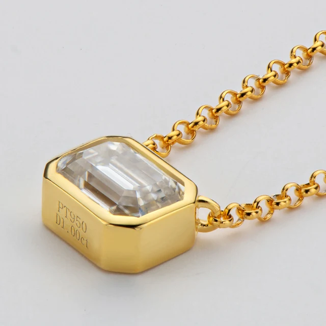 OEVAS Real 1 Carat Emerald Cut D color Moissanite Pendant Necklace Gold Color 100% 925 Sterling Silver Party Fine Jewelry Gifts Gold